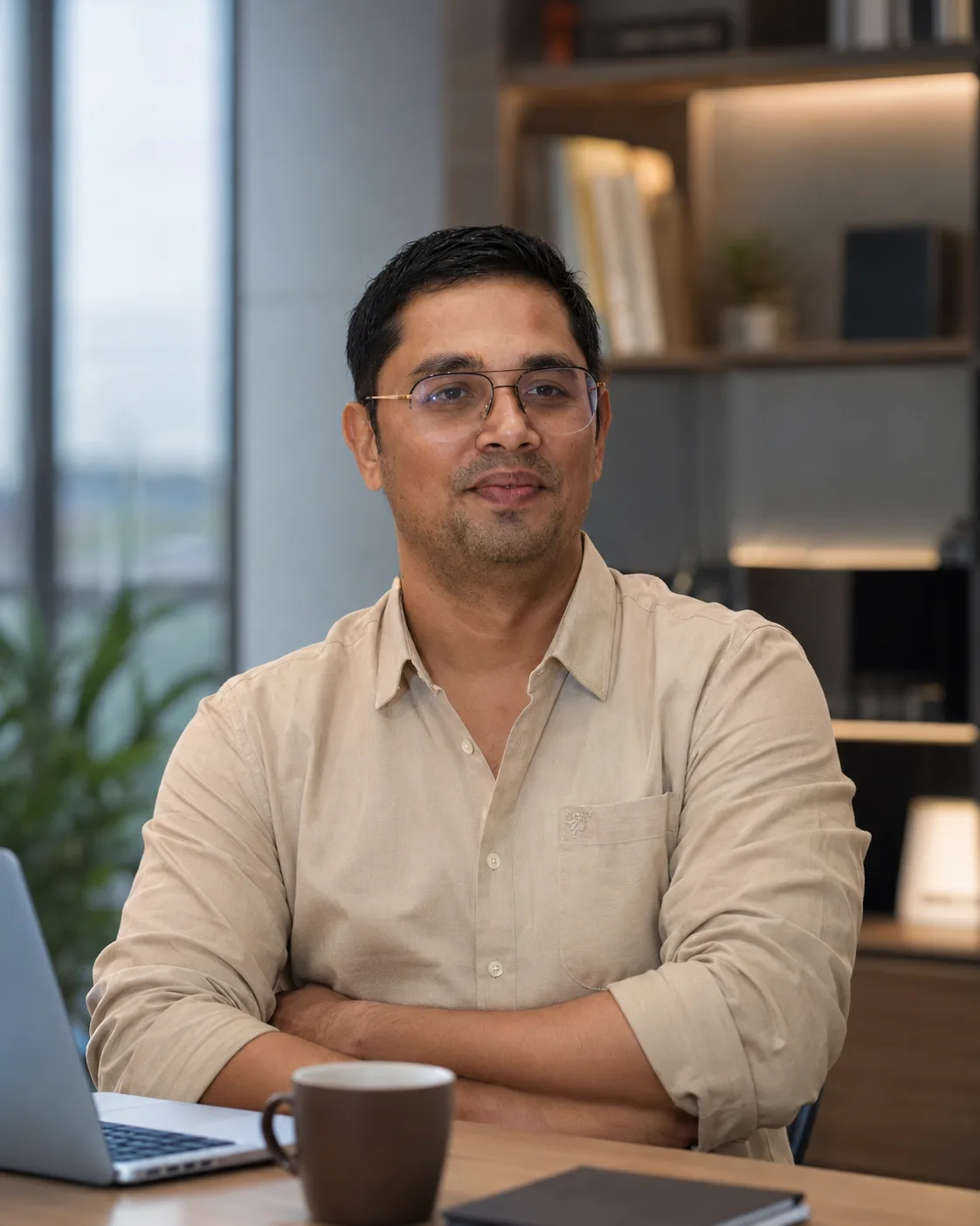 Awanish at his desk, arms crossed, working through a problem
